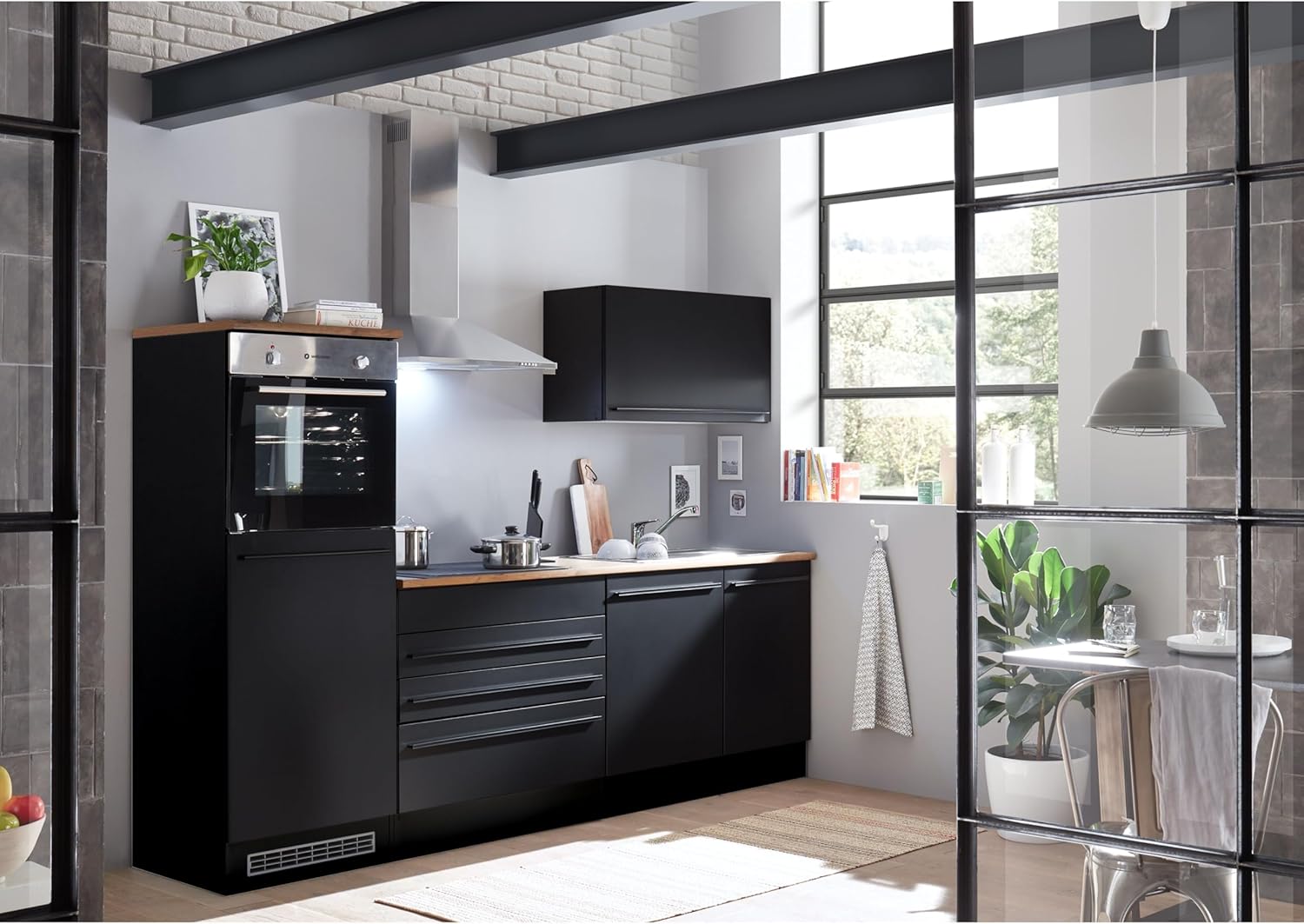 Jazz 6 Modern Kitchen Unit with Electrical Appliances in Matt Black, Lanzelot Oak Look - Spacious Fitted Kitchen with Lots of Storage Space - 260 x 200 x 60 cm (W x H x D)