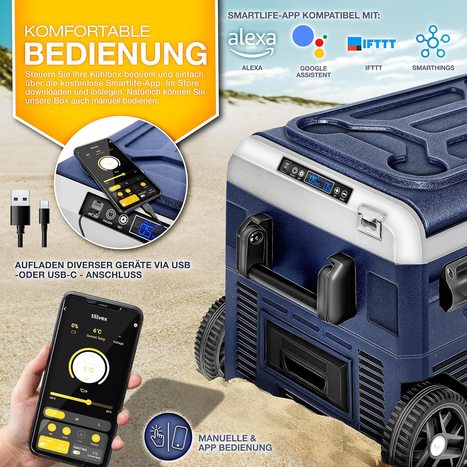 tillvex® Kompressor Kühlbox elektrisch 40-60 Liter | Elektrische Gefrierbox WIFI-APP-Steuerung 12/24 V 230V | Kühlschrank bis -20 °C für Auto, Lkw, Camping (Navyblau, 50 Liter - mit Akku) [Energieklasse B]