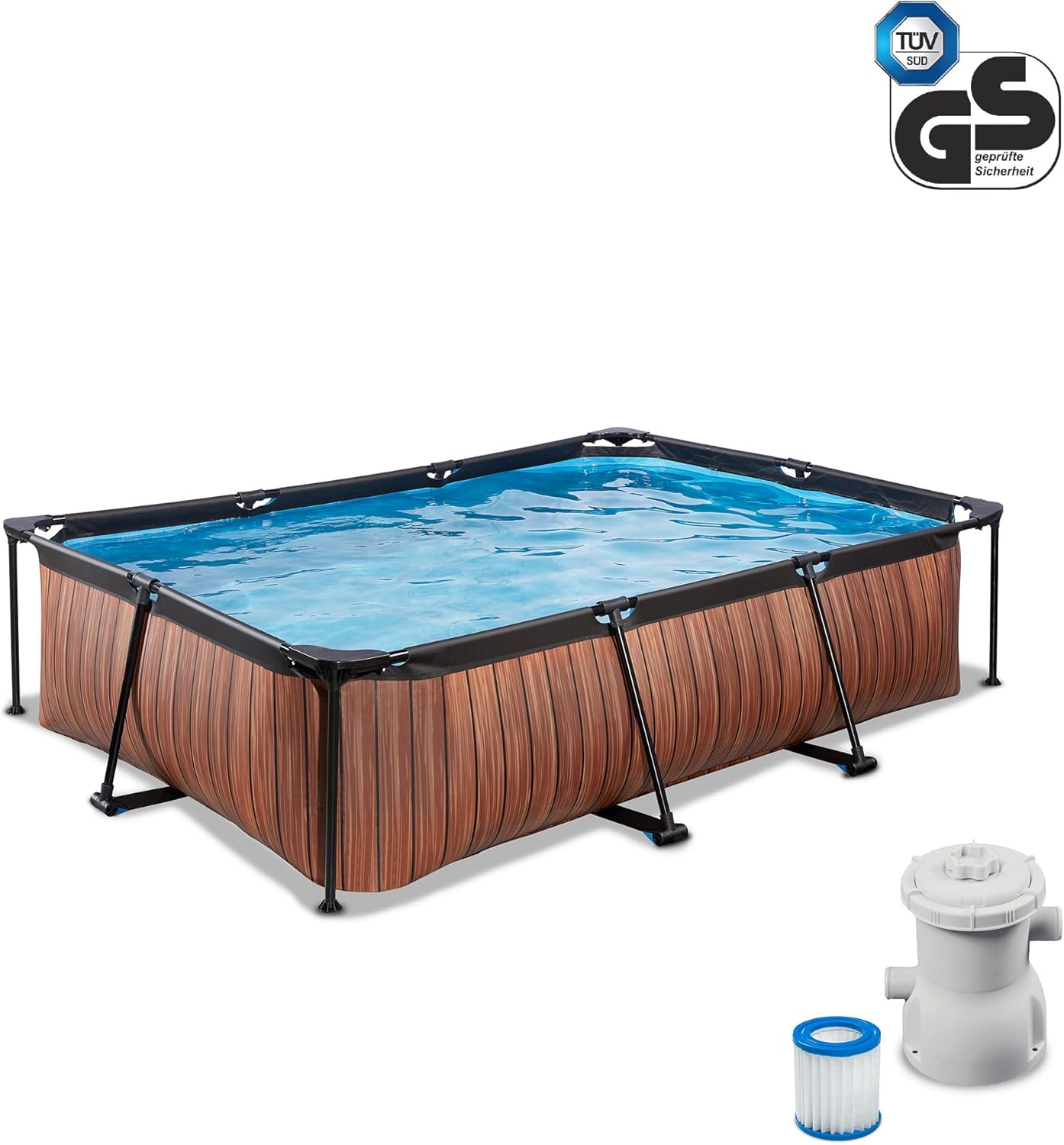 EXIT TOYS Piscine en Bois - 300 x 200 x 65 cm - Rectangulaire et compacte - avec Pompe à Filtre à Cartouche - Facile d'accès - Convient pour Les Tout-Petits - Cadre Solide - Design Unique - Marron