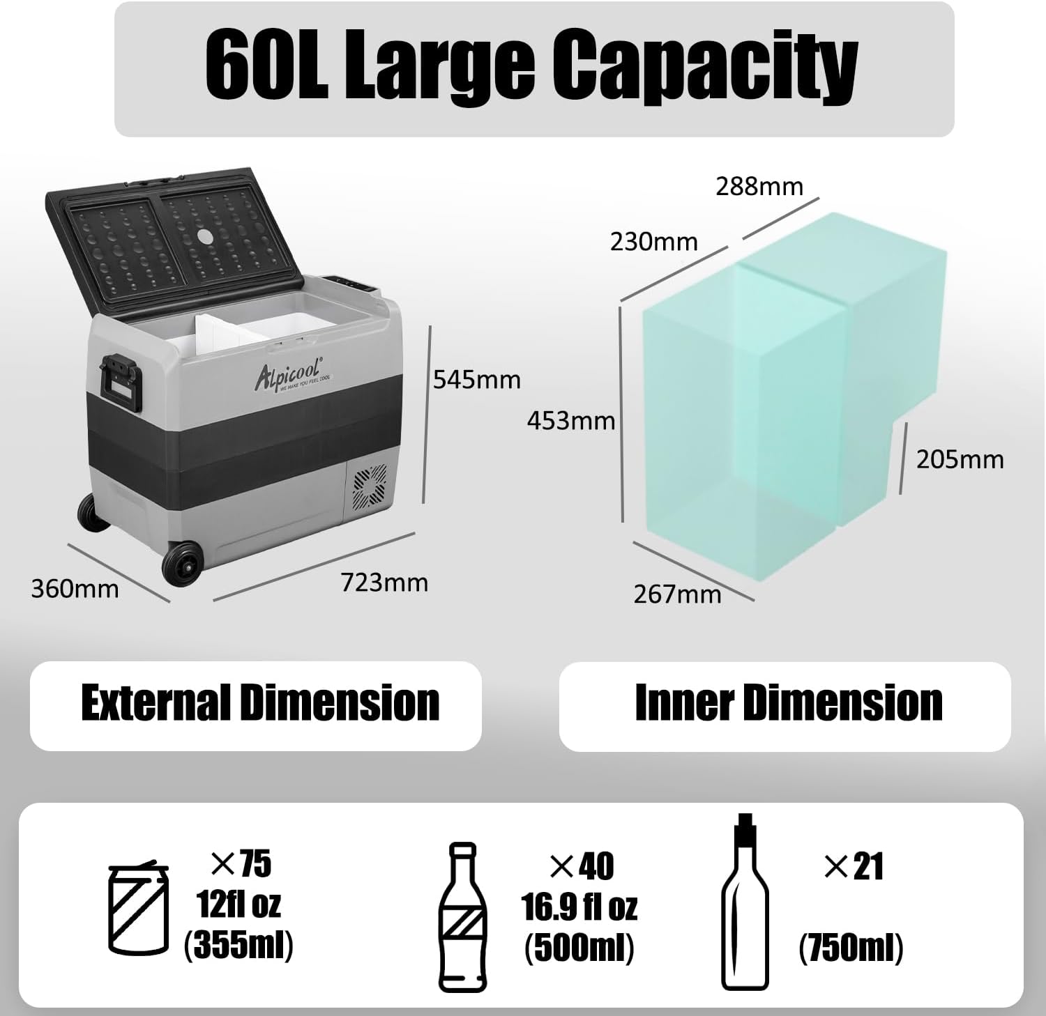 Alpicool T50 50L Compressor Car Refrigerator, Portable Camping Fridge DC 12v Freezer for TruckCampervanRVBoat, -20℃ to 20℃, with USB Socket