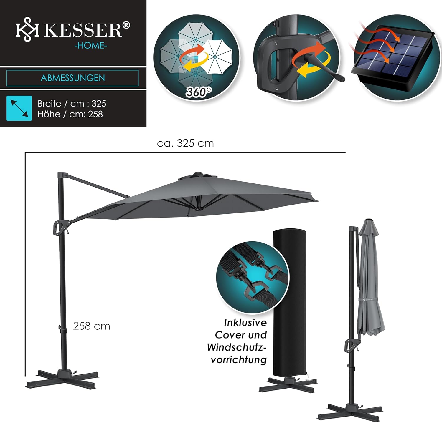 KESSER® Sun Parasol Round XL Diameter 330 cm Includes Cover + Wind Protection 7-Way Adjustable Tilting Large 360° Rotatable Garden Umbrella with Crank Sun Protection UV50+ Anthracite