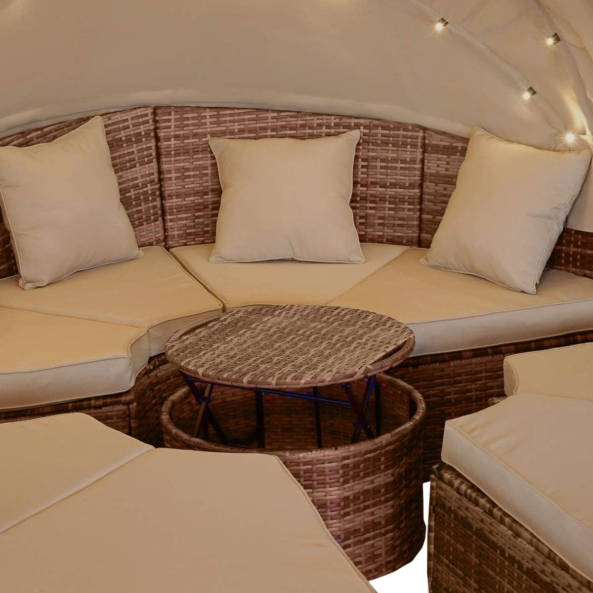 Brast Round Garden Sofa, Braided Polyrattan, in Grey, Black or Brown, 210 cm, with LED Lighting and Cover, Canopy, Foldable, Height-Adjustable, Garden Lounger