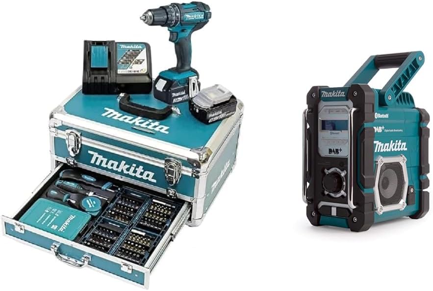 Makita DHP482RFX9 Akku-Schlagbohrschrauber 18V / 3,0 Ah, 2 Akkus + Ladegerät im Alukoffer + 96-tlg. Zubehör-Set & DMR112 Akku-Baustellenradio 7,2 V - 18 V mit DAB+ und Bluetooth, türkis