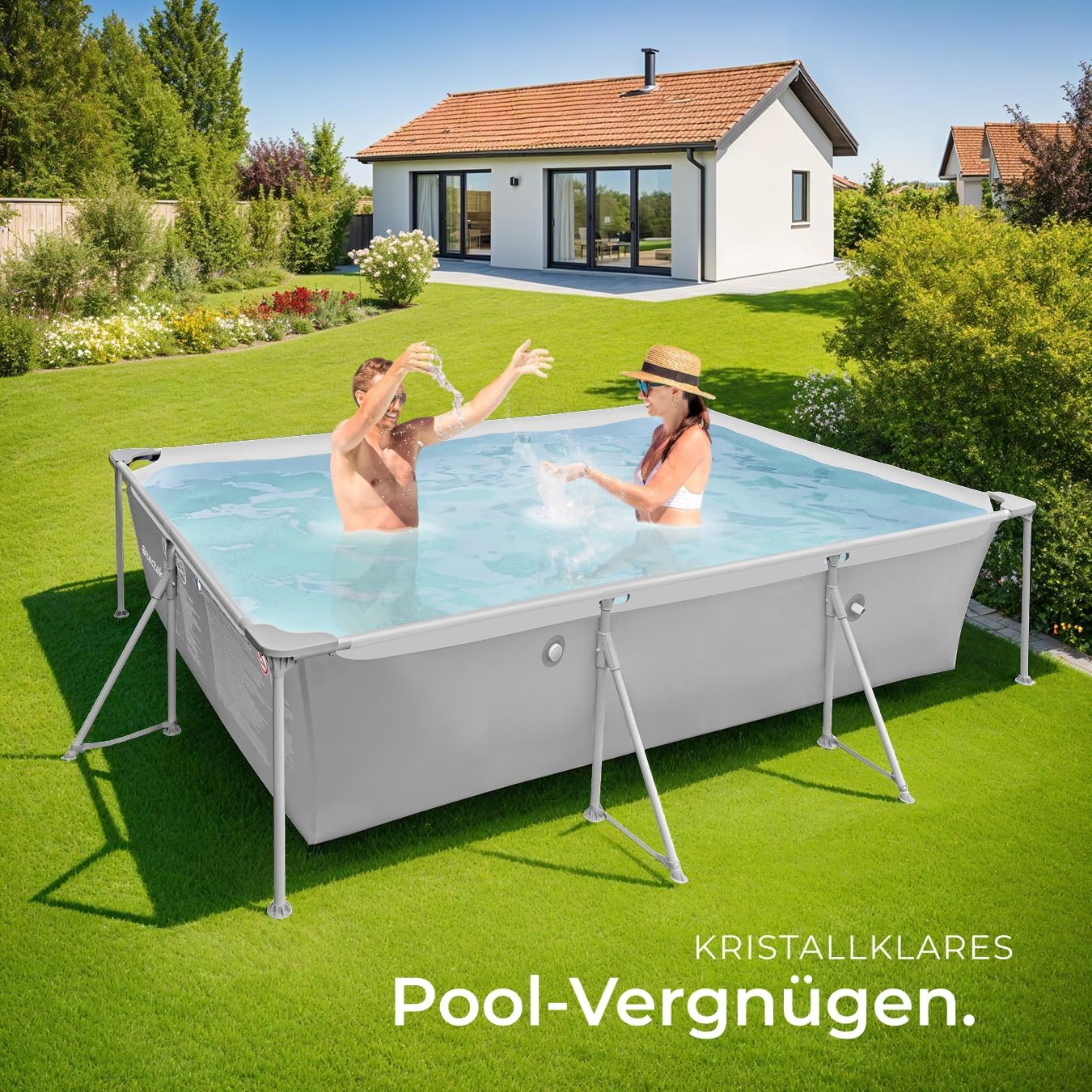 tectake® Swimming Pool, Large Swimming Pool, Rectangular, Frame Pool, Pool for Garden, Steel Frame Pool, Complete Set, Outdoor Garden Pool, Above Ground Pool, 300 x 207 x 70 cm, Grey