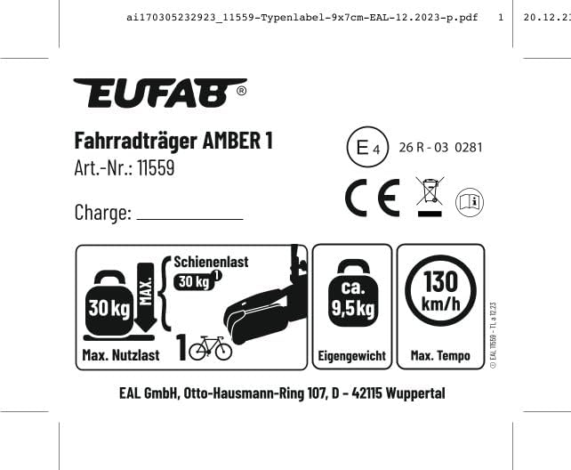 EUFAB 11559 AMBER 1 Bicycle Carrier Suitable for E-Bikes