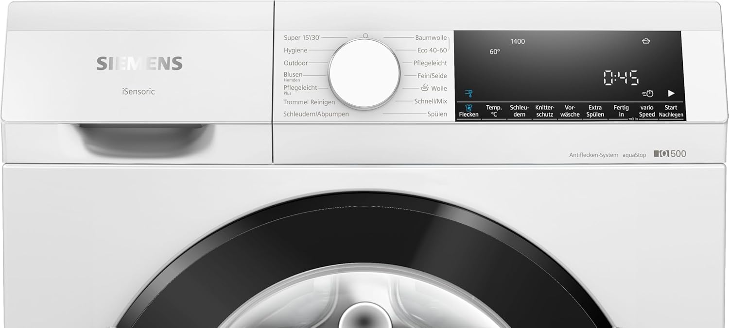 Siemens WG54G106EM iQ500, Waschmaschine 10kg, 1400 UpM, Antiflecken-System, varioSpeed für schneller saubere Wäsche, Nachlegefunktion, wäscheschonend, LED-Display, aquaStop [Energieklasse A]
