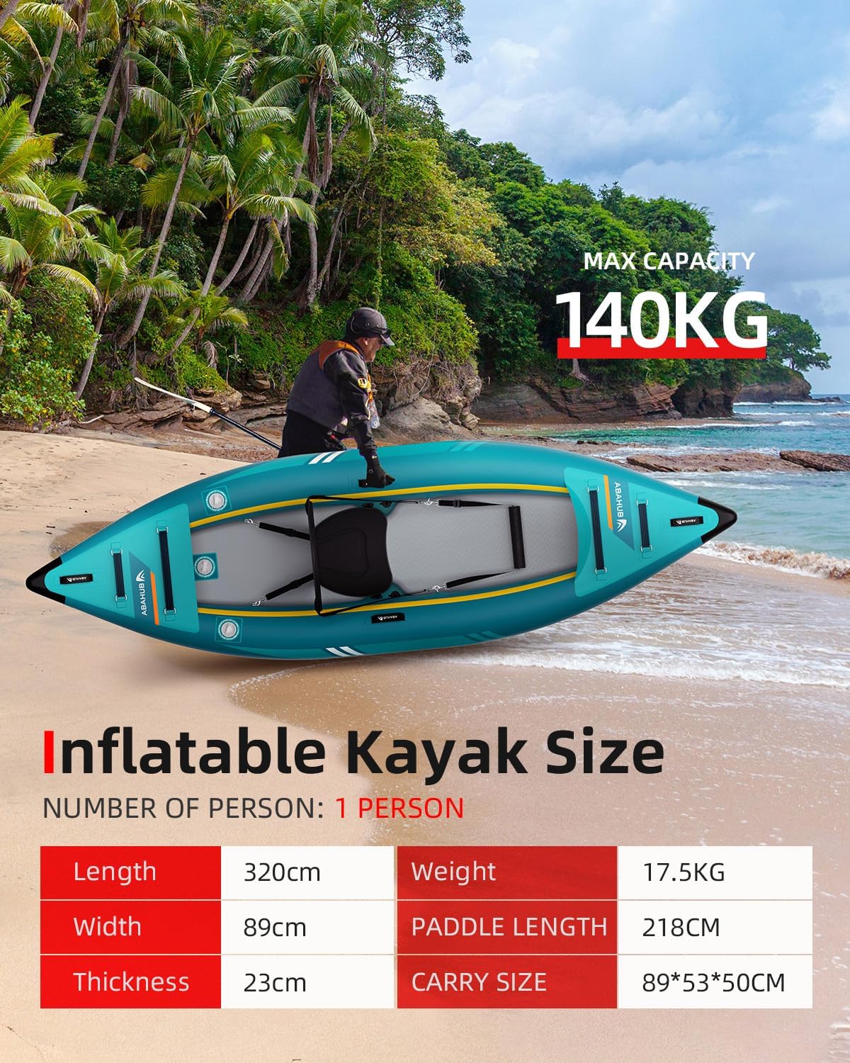 Abahub Inflatable Kayak 320 cm / 420 cm Inflatable Kayak with Kayak Paddle, Kayak Seat, Footrest, Hand Pump and Bag for Kayaking, Canoe Dinghy, 1/2 Space, 320/420 x 89 x 23 cm