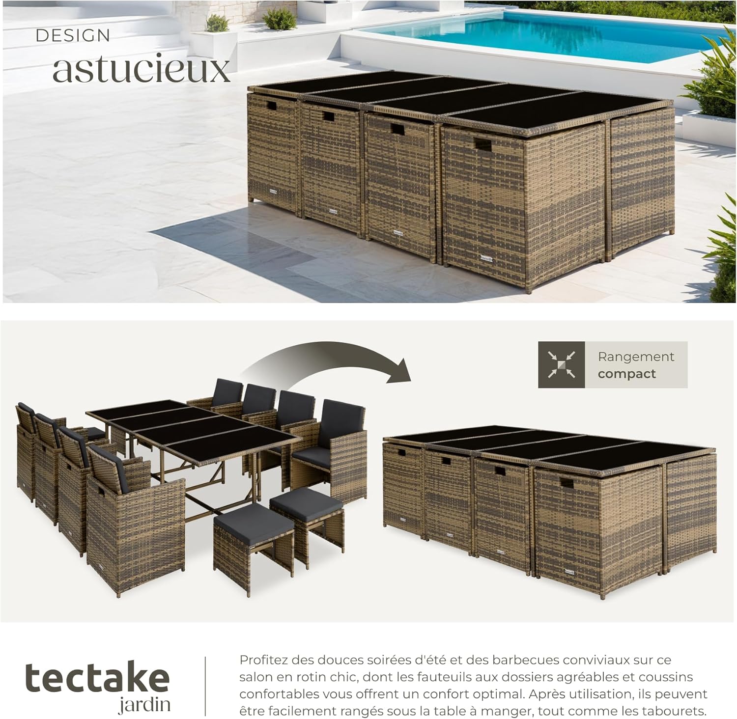 TecTake Rattan Garden Furniture Set - Outdoor Dining Set with 8 Comfortable Chairs, 4 Stools, and 1 Table - Balcony and Patio Furniture - Black/Grey