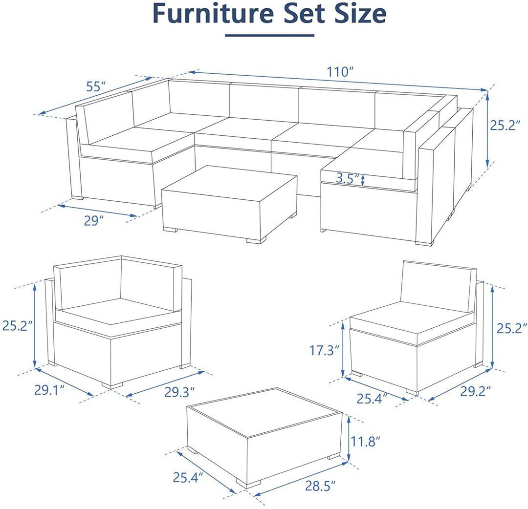 7 Piece Outdoor Patio Furniture Set, PE Rattan Wicker Sofa Set, Outdoor Sectional Furniture Chair Set with Khaki Cushions and Tea Table