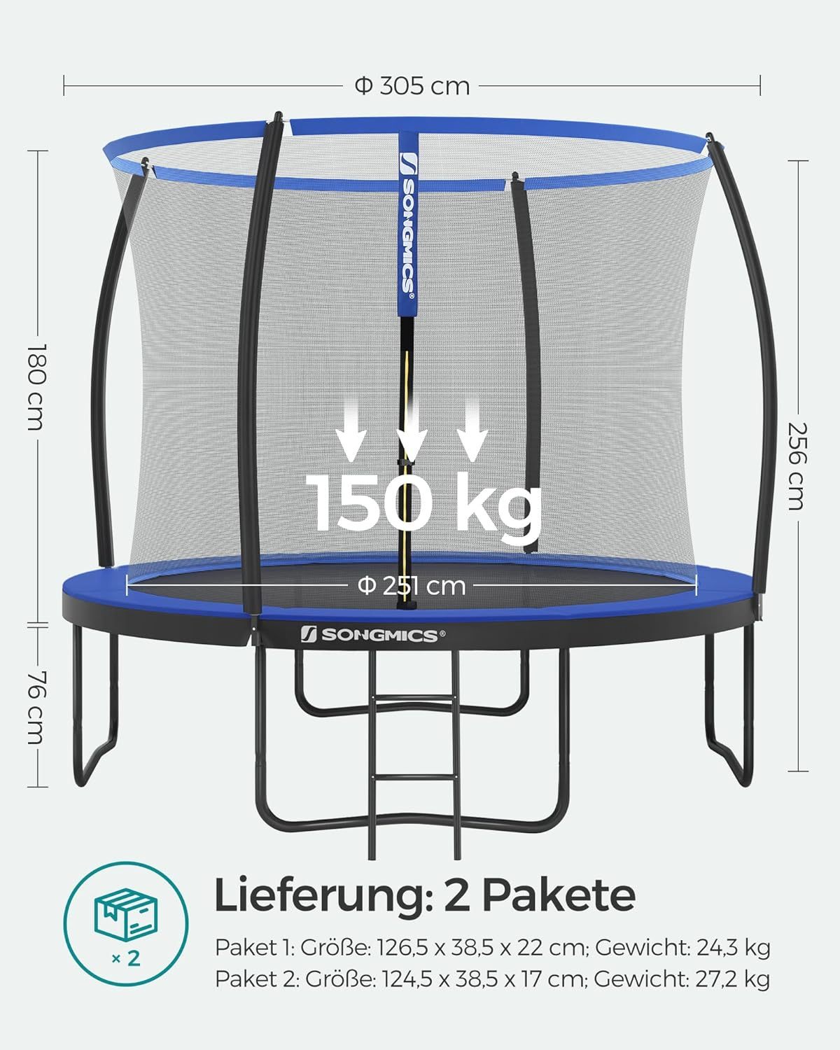 SONGMICS Outdoor Trampoline Ø 305 cm, Round Garden Trampoline for Children with Safety Net, Edge Cover, Ladder and Padded Poles