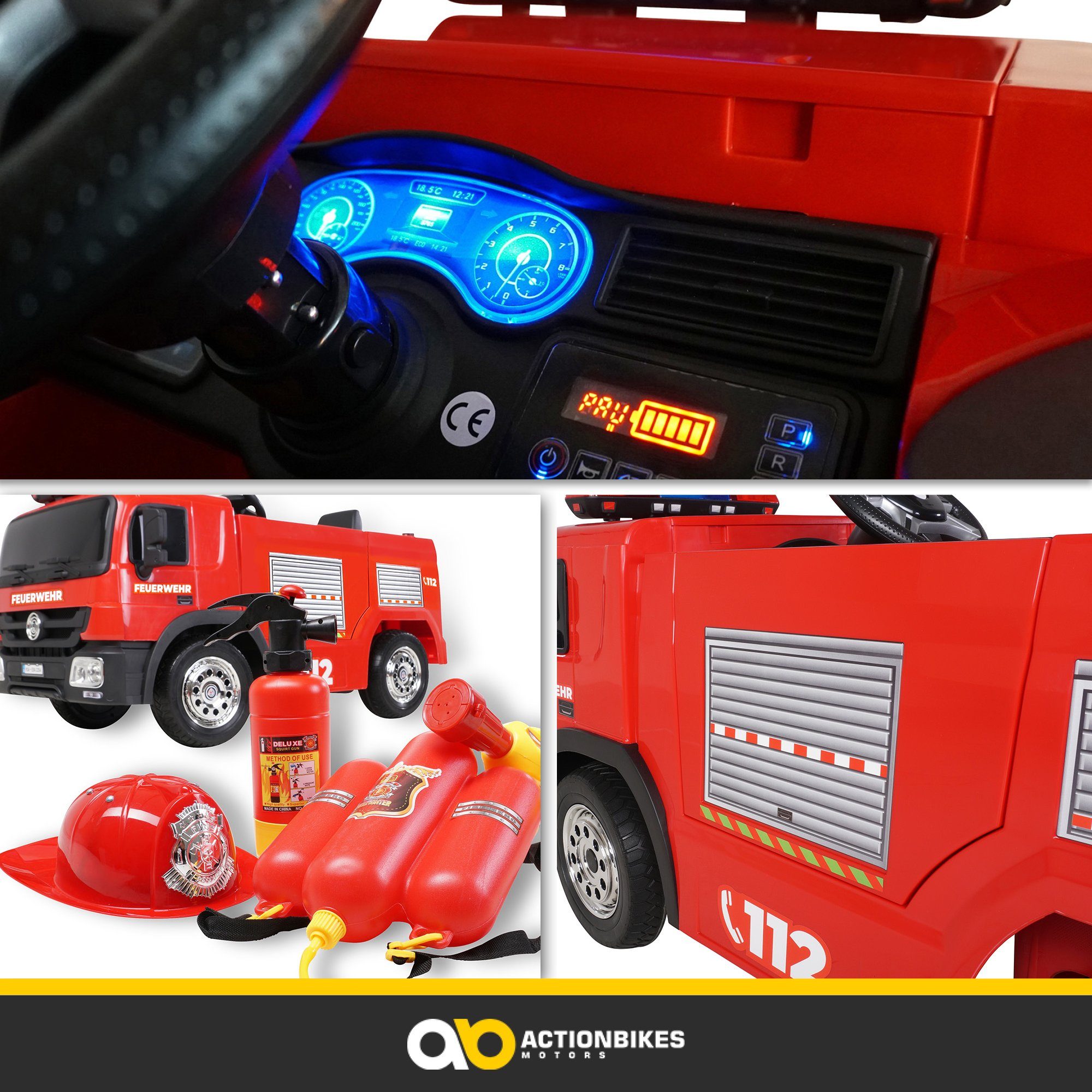 Actionbikes Motors Elektro-Kinderauto Kinder Auto Feuerwehr SX1818 Elektro - Fernbedienung - Wasserspritze, Belastbarkeit 40 kg, (4-tlg), Kinder Fahrzeug Spielzeug ab 3 Jahre elektrisch - Sirene & Bluetooth