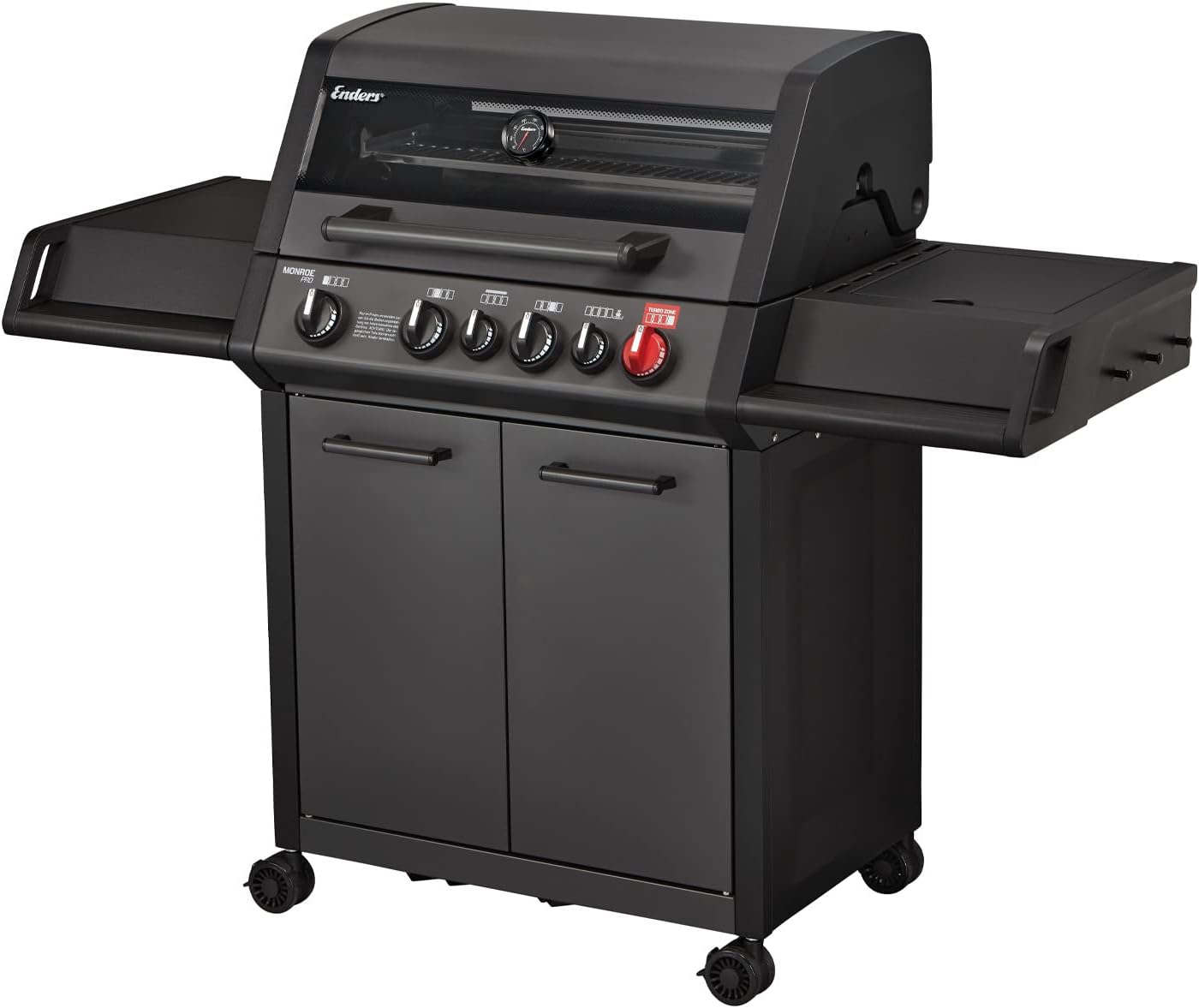 Enders® Monroe Pro Black 4 IK Turbo Gas Grill, 4-Burner, Infrared Back Burner, Side Burner, Enamelled Cooking Hood, Switch Grid™, Heat Range Burning System, 800 °C Turbo Zone™, Simple Clean™