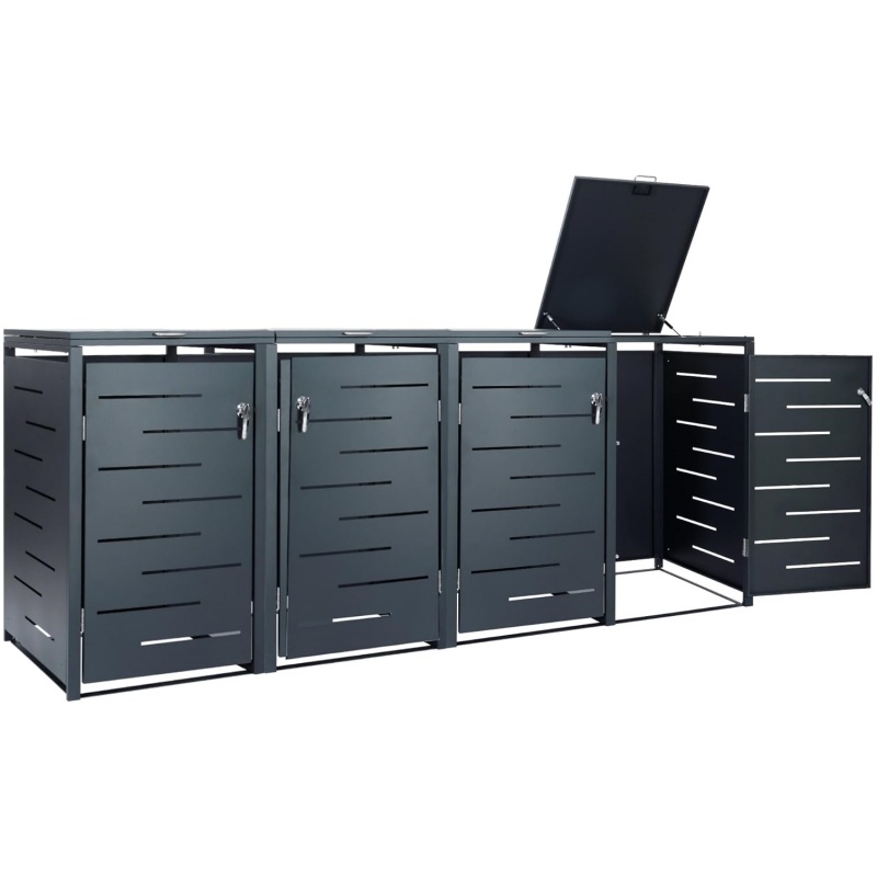 Zelsius Stainless Steel Wheelie Bin Box, 4 Bins, 120-240 Litres, Anthracite RAL 7016, Includes Extension Option, Garden Rubbish Bin Box, Set of 4, Storage Box for Wheelie Bins