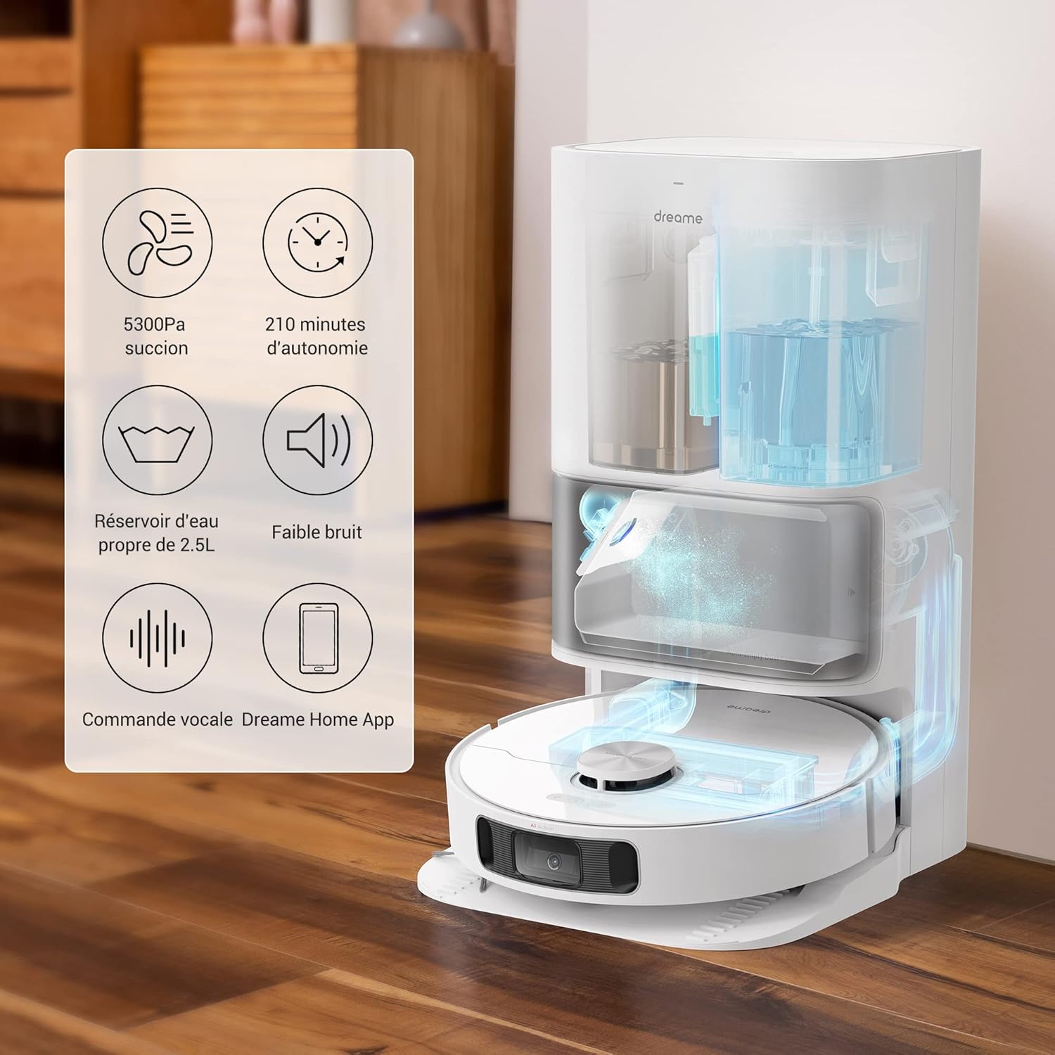 dreame L10s Ultra Robot Aspirateur Laveur avec Base Autonettoyante (Vidange Poussière, Nettoyage Automatique) AI Détection d'obstacles 3D, 5300Pa, Tapis Poils d'animaux, Batterie 210m, WiFi/APP/Alexa