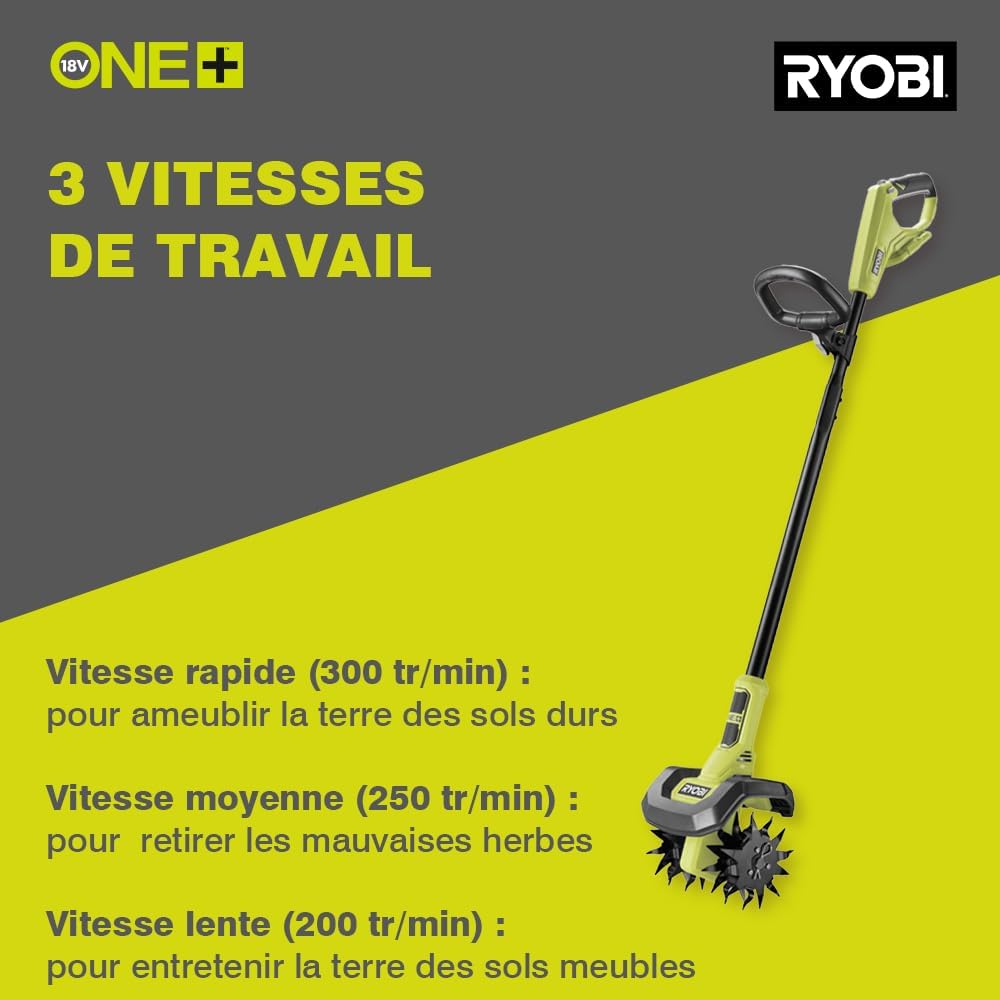 RYOBI - 18V ONE+ Hoeing Machine - Working Width/Depth 20/10 cm - 4 Cutters - 3 Rotation Speeds - Telescopic Tube - Sold without Battery or Charger - RY18CVA-0