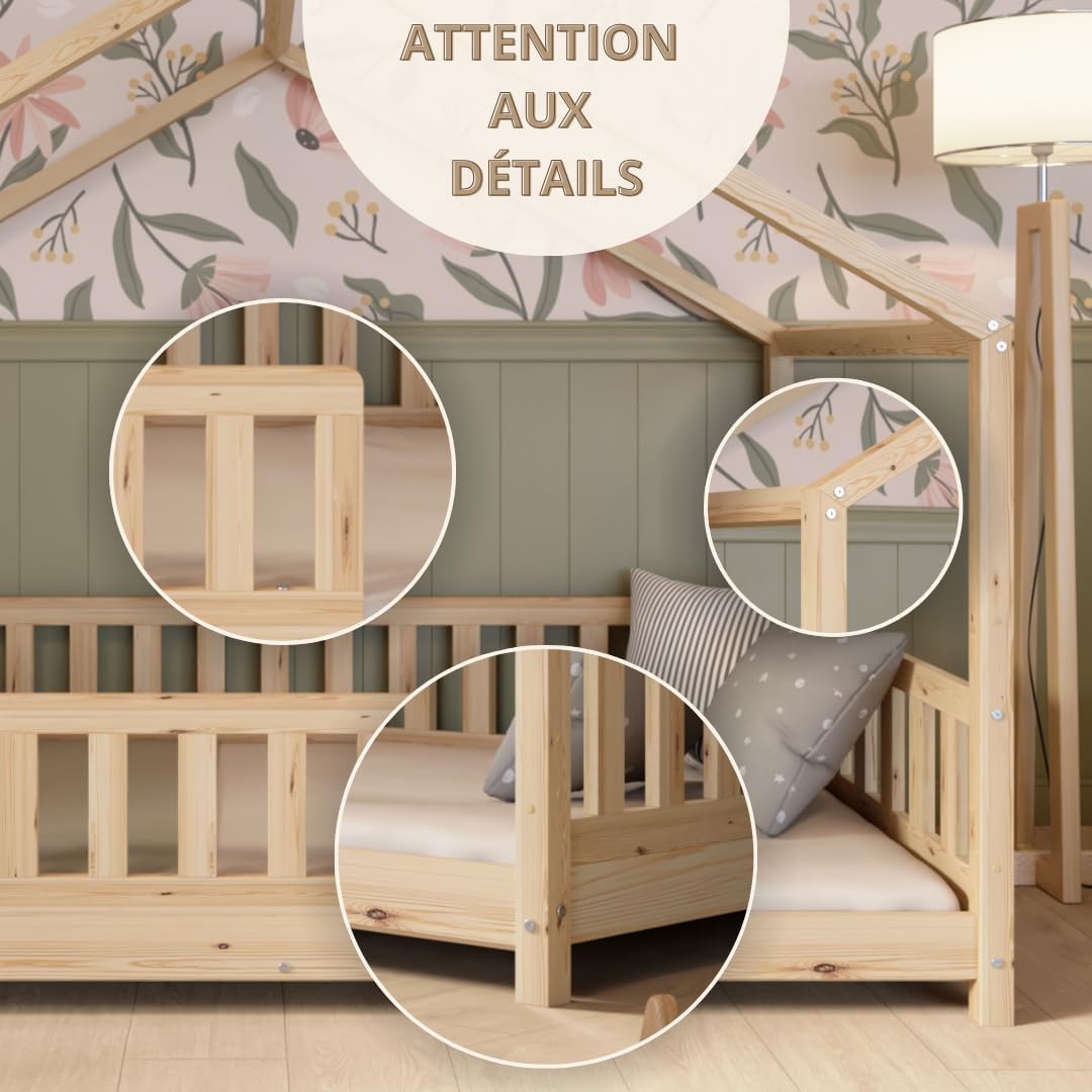 Crazy Pine Cabin Bed 160x80 cm – Natural Wood Children's Bed with Barrier – Montessori Floor Bed with Height-Adjustable Legs and Removable Barrier - Crazy House