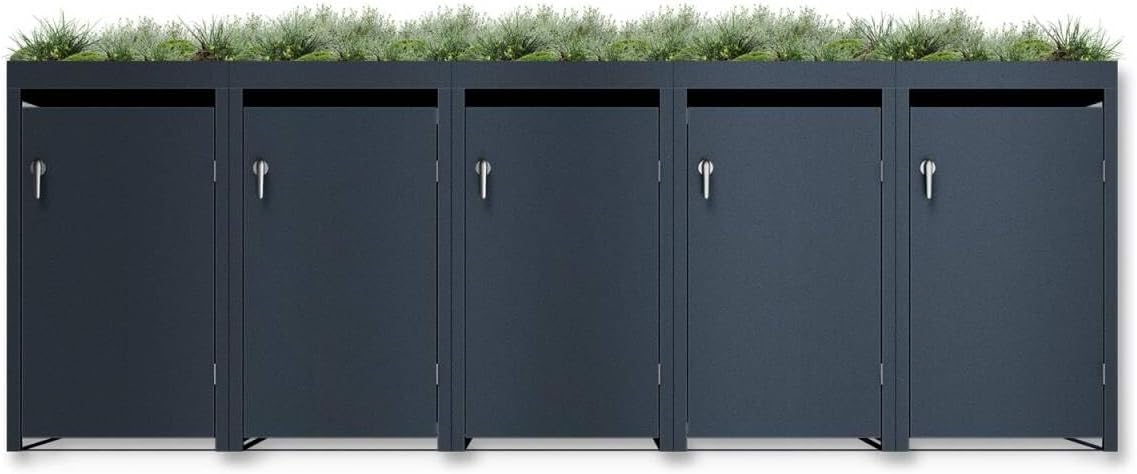 Metzler Wheelie Bin Box 4 Bins 240 L with Plant Roof, Roof Greenery in Anthracite with Plant Roof, Weatherproof, Pack of 4, Waste Container, Bin House, Lockable, Garden Box, Rubbish Box