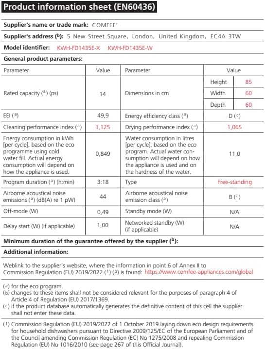COMFEE' Freestanding Dishwasher FD1435E-W with 14 place settings