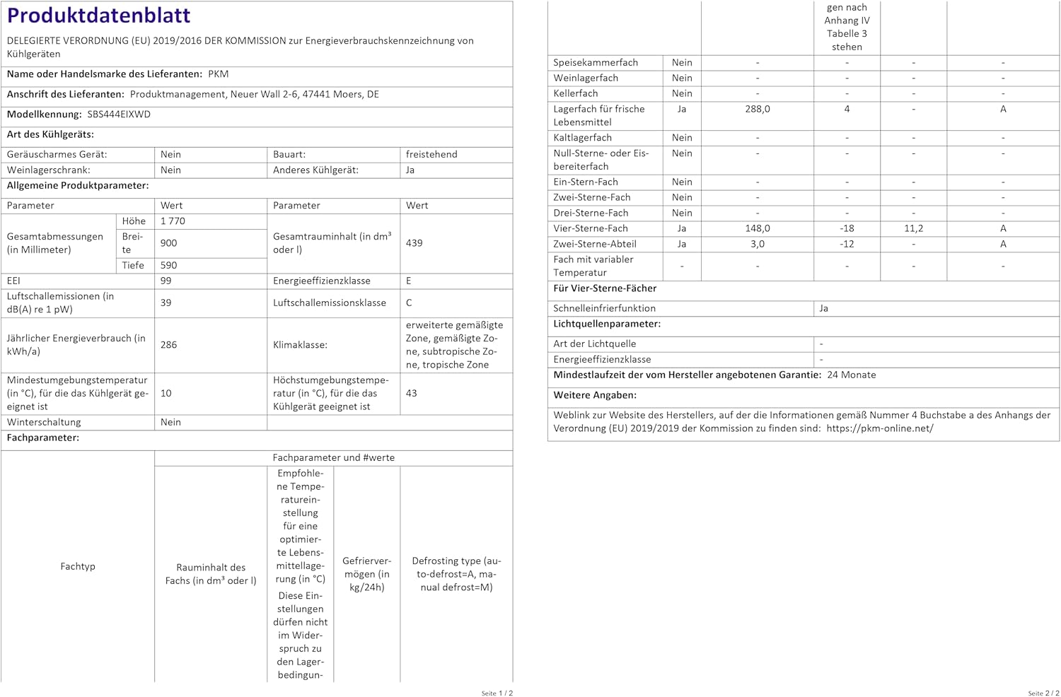 PKM SBS444EIXWD, Side by Side Fridge-Freezer, 439 L, 2-Door with Water Dispenser, Stainless Steel Design [Energy Class E]