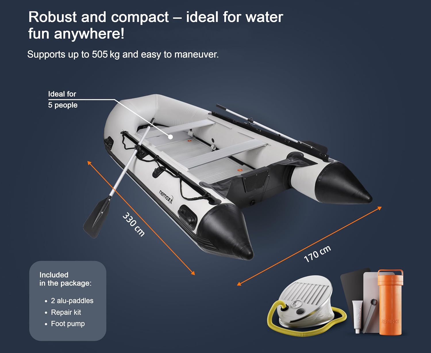 Nemaxx® Professional Schlauchboote [INKL. 2 PADDEL, Tasche + LUFTPUMPE] – Aufblasbare Paddelboote – Gummiboote Angelboote Luftboote – Schlauchboote für 2,5,7 Personen (Länge: 230 cm, 330 cm, 380 cm)