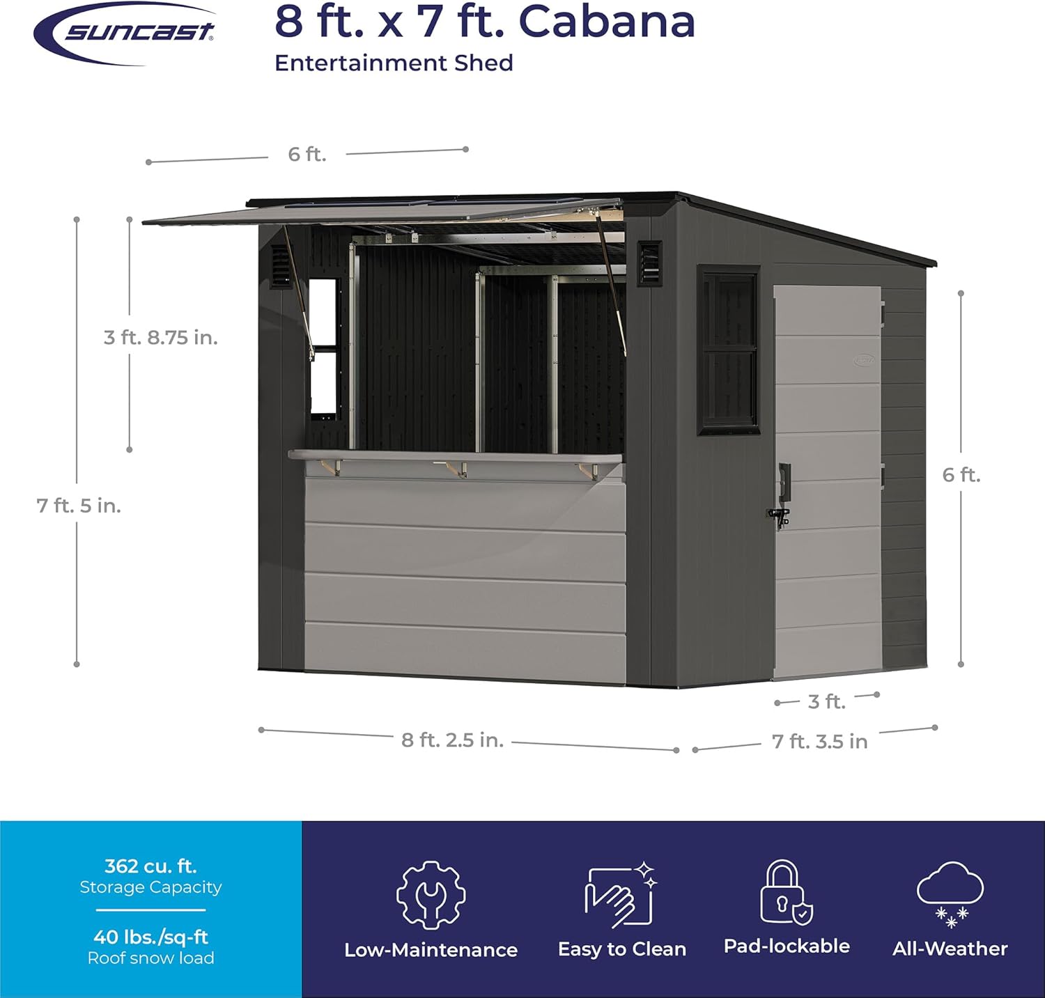 Suncast 8' x 7' Cabana Entertainment Storage Shed, All-Weather Outdoor Backyard Shelter with 2 Windows and Fold-Down Bar Top, Gray