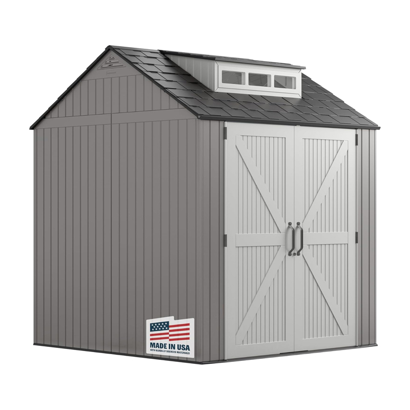 Rubbermaid Resin Outdoor Storage Shed With Floor (7 x 7 Ft) Weather Resistant Gray Organization for Home/Backyard/Garden Tools/Lawn Mower/Bike Storage/Pool Supplies