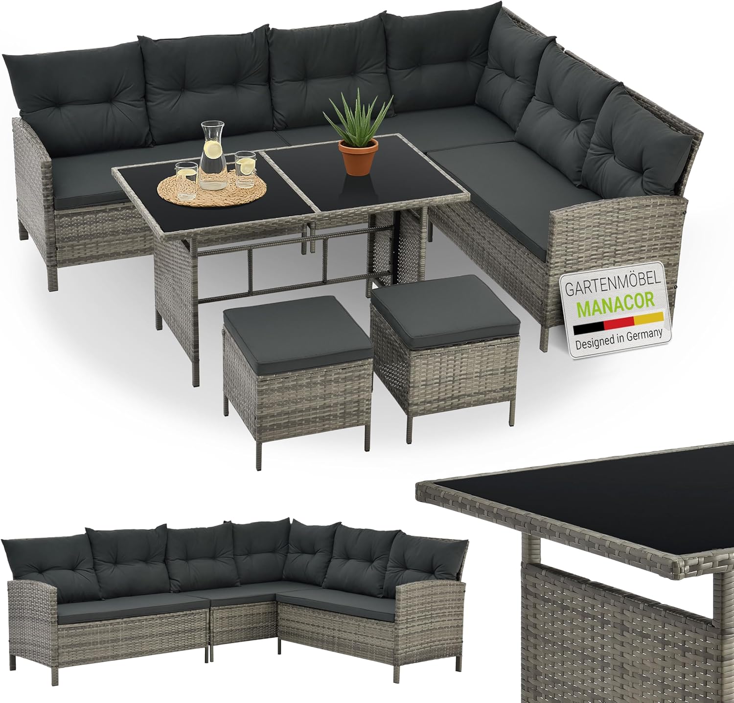 Juskys Manacor Polyrattan Lounge with Corner Sofa, Dining Table, 2 Stools & Cushions - Weatherproof up to 7 People - Washable Covers - Rattan Garden Furniture Set - Grey Mottled