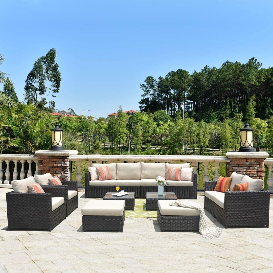 Outdoor Patio Furniture 12 Pcs Set ,Pe Rattan Wicker Sectional With 4 Pillows And Furniture Cover, No Assembly Required