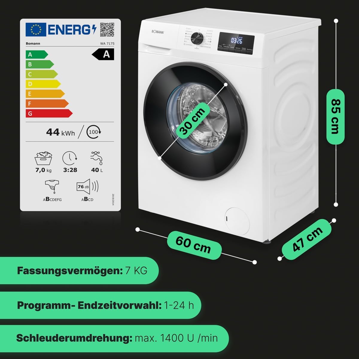 Bomann® Waschmaschine 7kg | max. 1400 U/min | 10 Jahre Motor-Garantie | effizienter, leiser & langlebiger Invertermotor | 15 Programme | Endzeitvorwahl | LED-Display | Washing Machine | WA 7175 weiß [Energieklasse A]