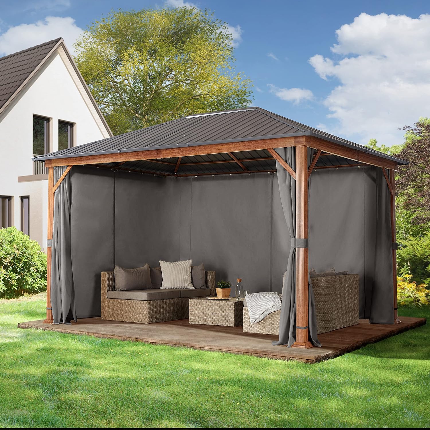 TOOLPORT Garden Gazebo 3 x 4 m Wood Effect Steel Roof Hardtop 4 Side Panels in Grey