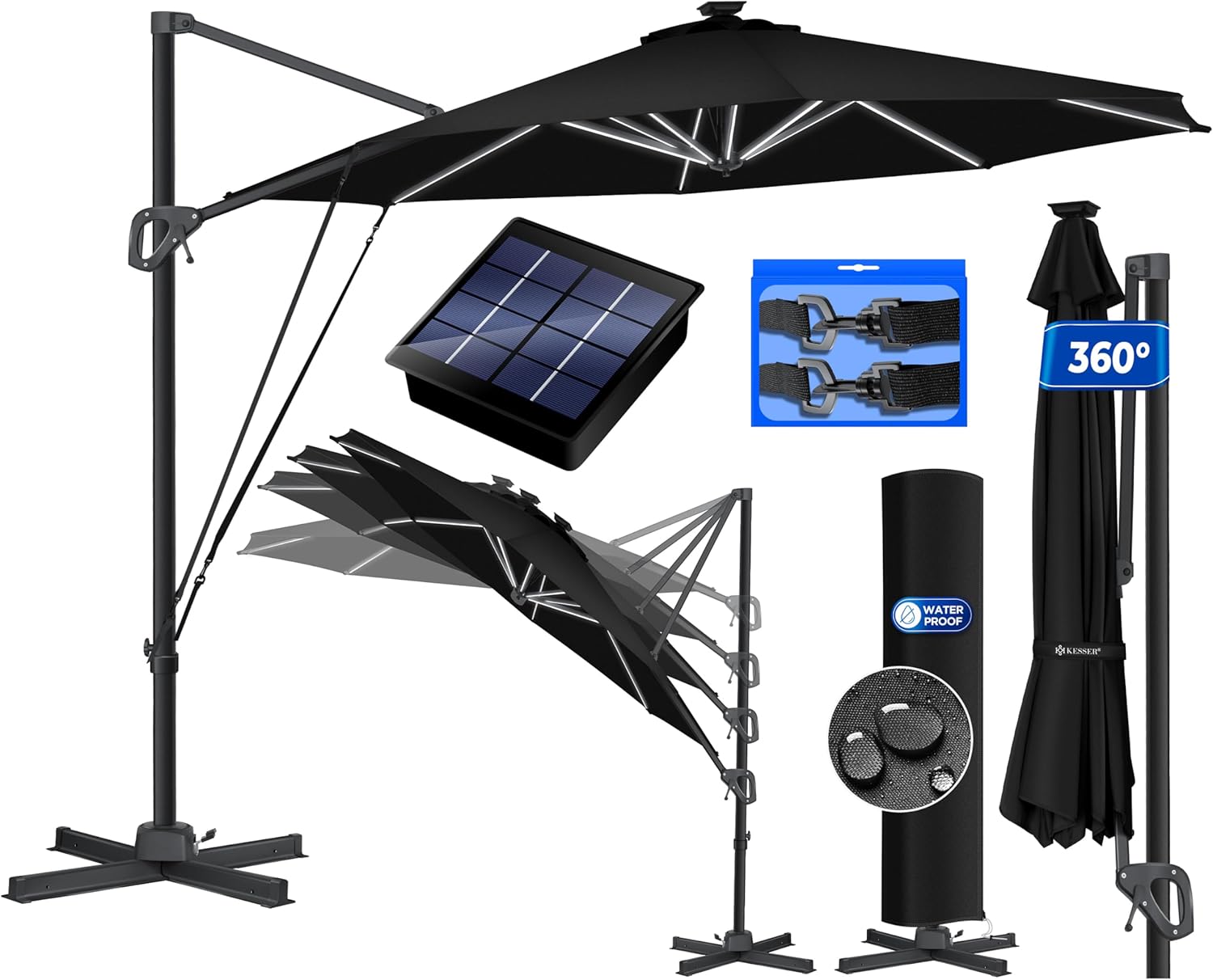 KESSER® Sun Parasol Round XL Diameter 330 cm Includes Cover + Wind Protection 7-Way Adjustable Tilting Large 360° Rotatable Garden Umbrella with Crank Sun Protection UV50+ Anthracite