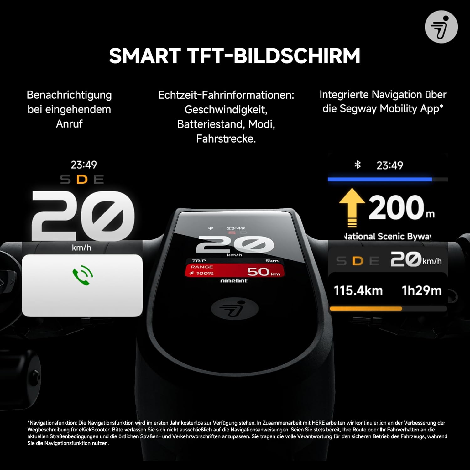 Segway-Ninebot MAX G3 D E-Scooter with Road Legal, 80 km Eco Mode Range, Eco Mode, 75 km at 20 km/h, Charging Time 3.5 h, 130 kg Load Capacity, Double Hydraulic Suspension, Smart Display