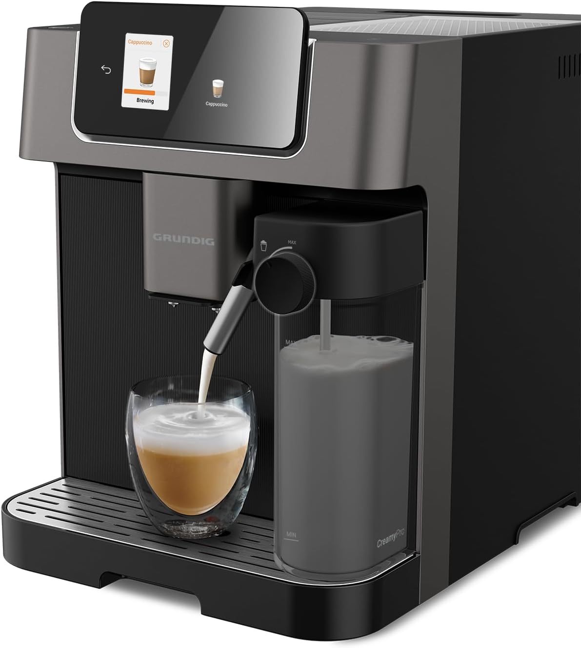 Grundig KVA 8230 Kaffeevollautomat, Kaffeemaschine, 18 Kaffeespezialitäten, 13 Mahlgrade, Milchbehälter, leistungsstark 1350 W, 19 Bar Pumpendruck, Zweifachdüse, Beleuchtung, Schwarz/Dunkelsilber