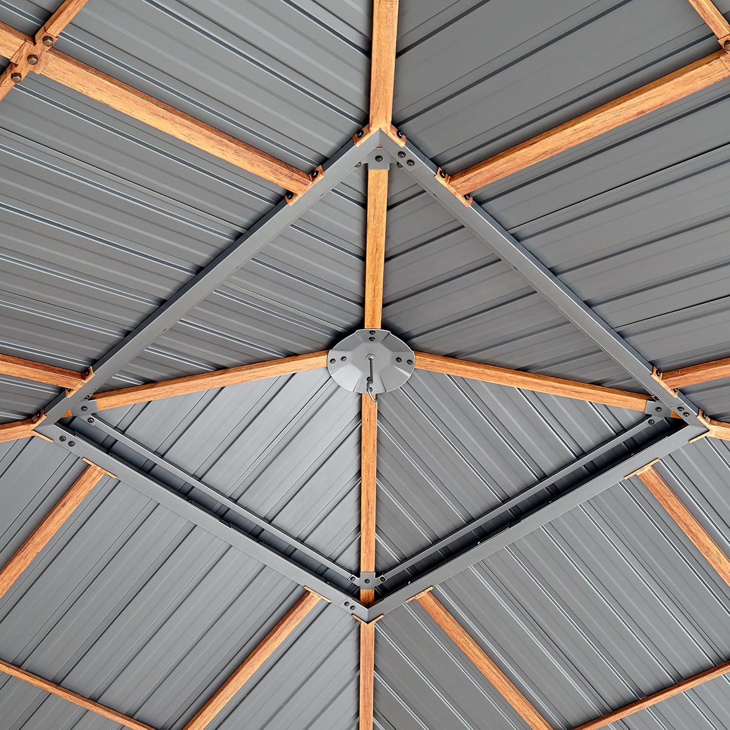 TOOLPORT Garden Gazebo 3 x 4 m Wood Effect Steel Roof Hardtop 4 Side Panels in Grey