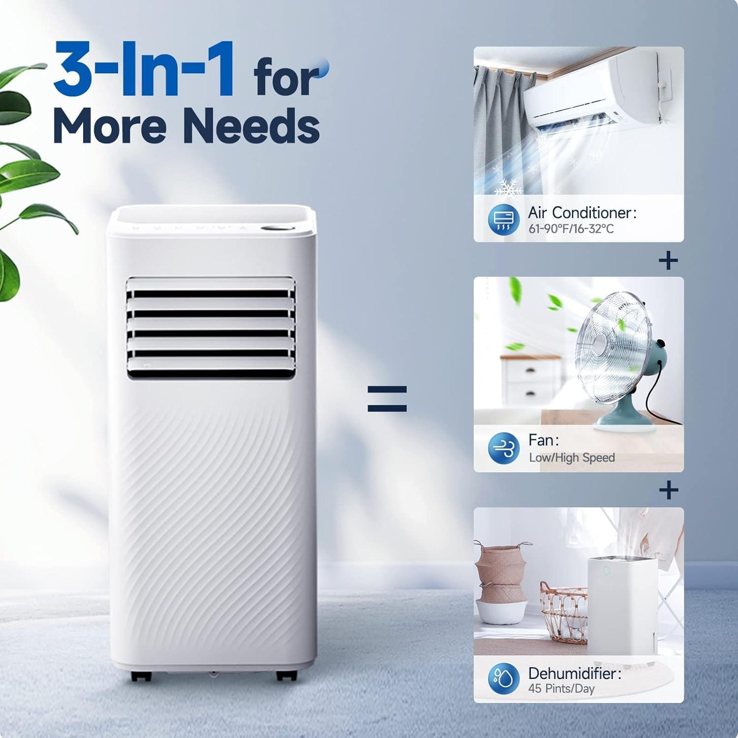 9000 BTU Air Conditioning Unit, 4-In-1 Portable Air Conditioner, Dehumidifier, Ventilation, Cooling Fan with 2 Fan Speeds,Digital Display, 24 Hour Timer & Window Venting Kit for Rooms Up to 300sq.ft
