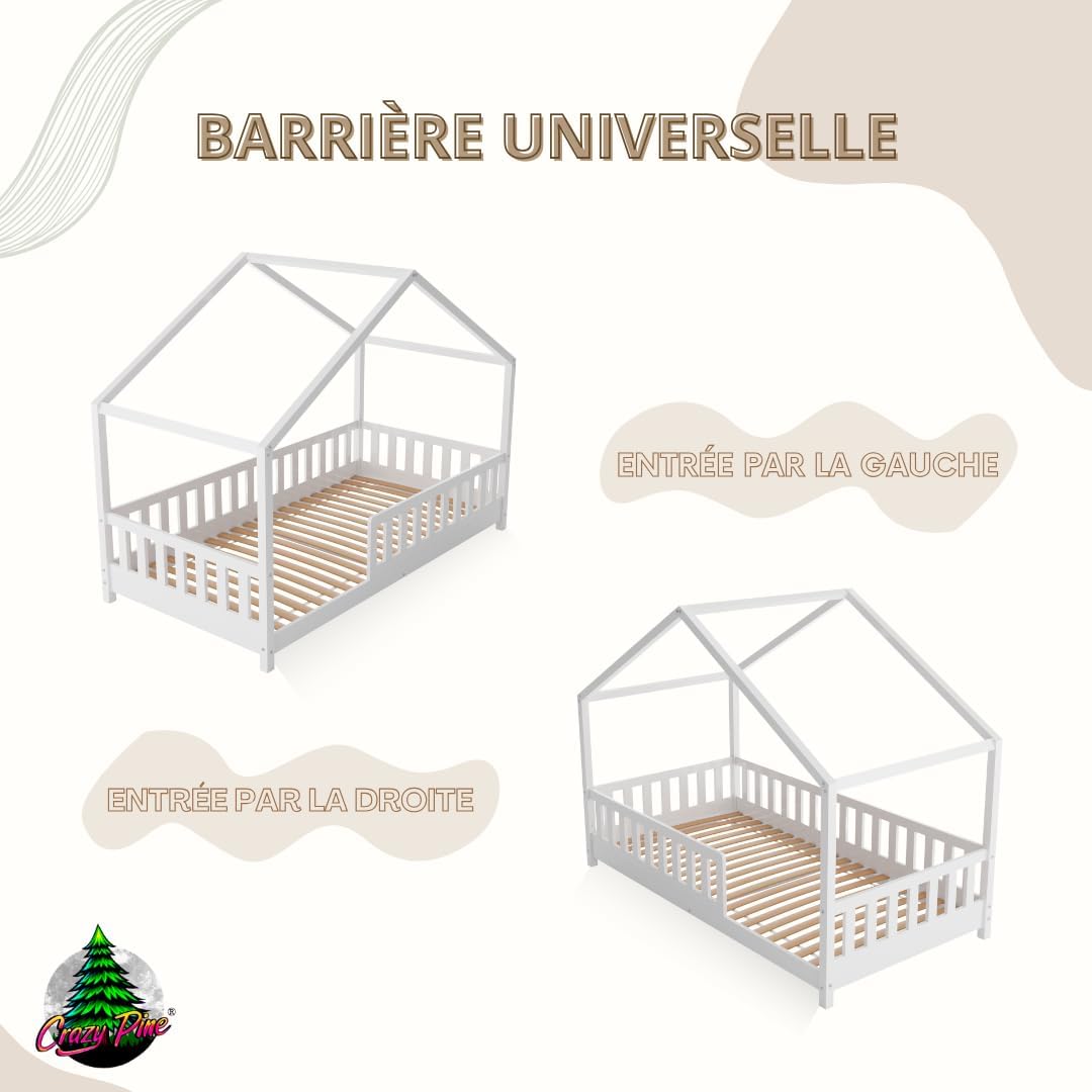 Crazy Pine Cabin Bed 160x80 cm – Natural Wood Children's Bed with Barrier – Montessori Floor Bed with Height-Adjustable Legs and Removable Barrier - Crazy House