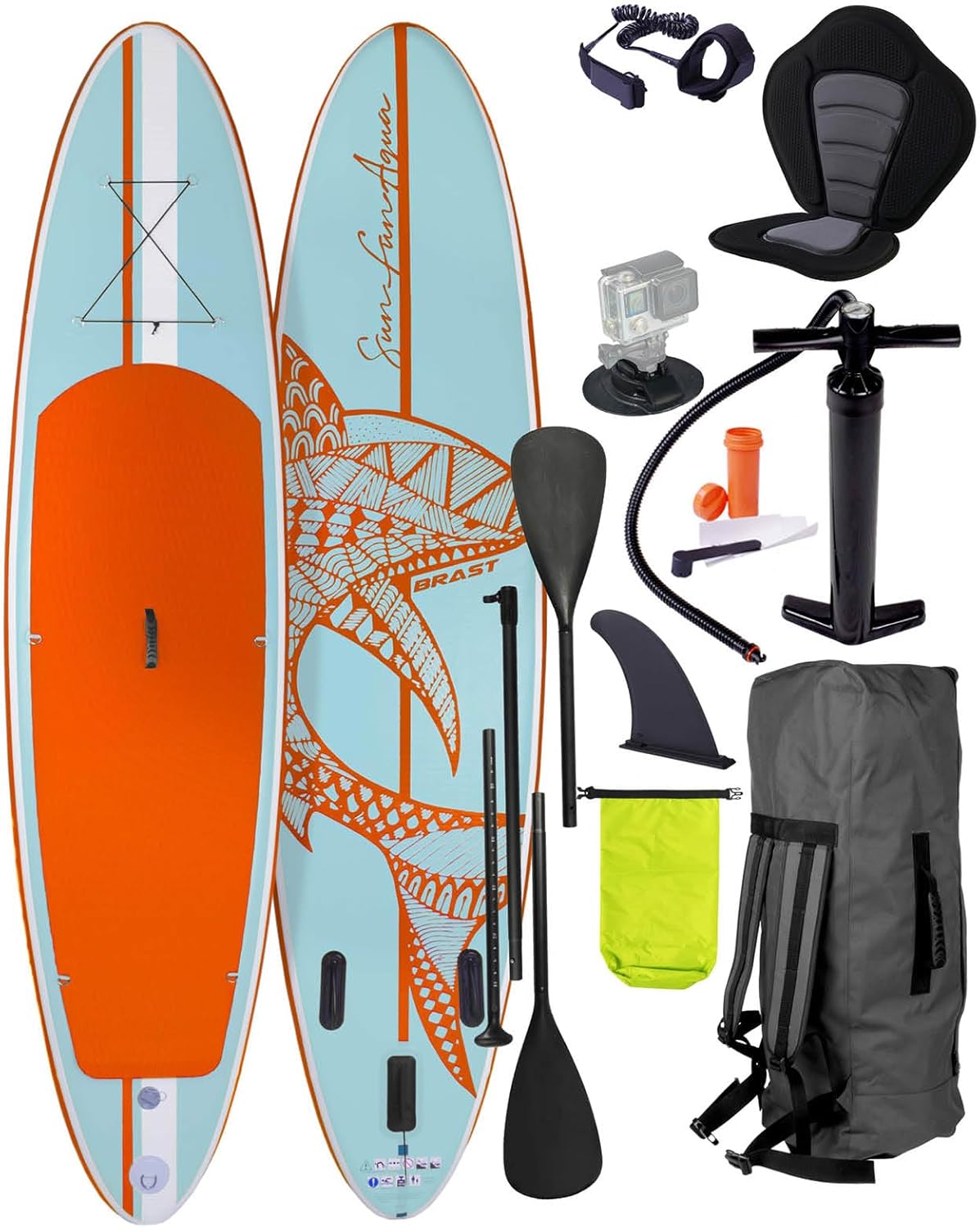 BRAST® SUP Board, Shark, Inflatable Stand Up Paddle Set, 300–320 cm, Many Models, Includes Special Accessories, 2-in-1 Paddle, Kayak Seat, Action Cam Holder, Foot Strap, Pump, Backpack