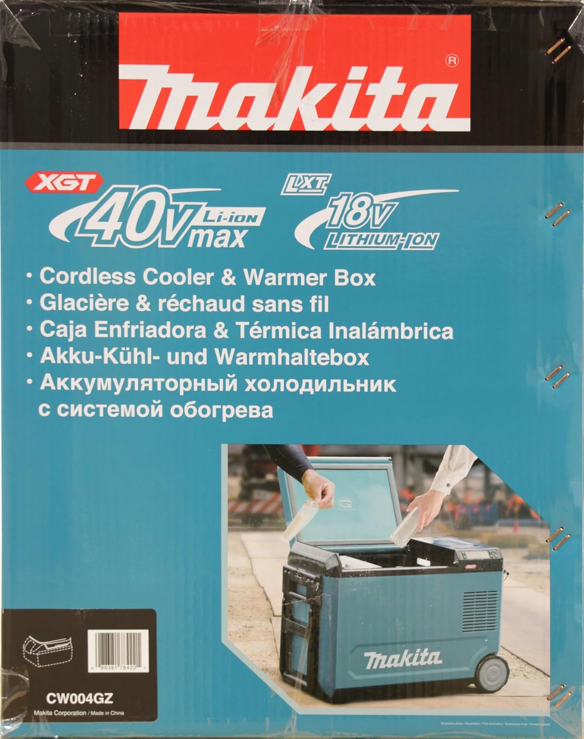 Makita 40V Battery Cooling and Heat Box, 29L Portable Refrigerator, Turquoise, IPX4 Water Resistant, Compressor Cooling System, Bottle Opener, Deep Discharge Protection