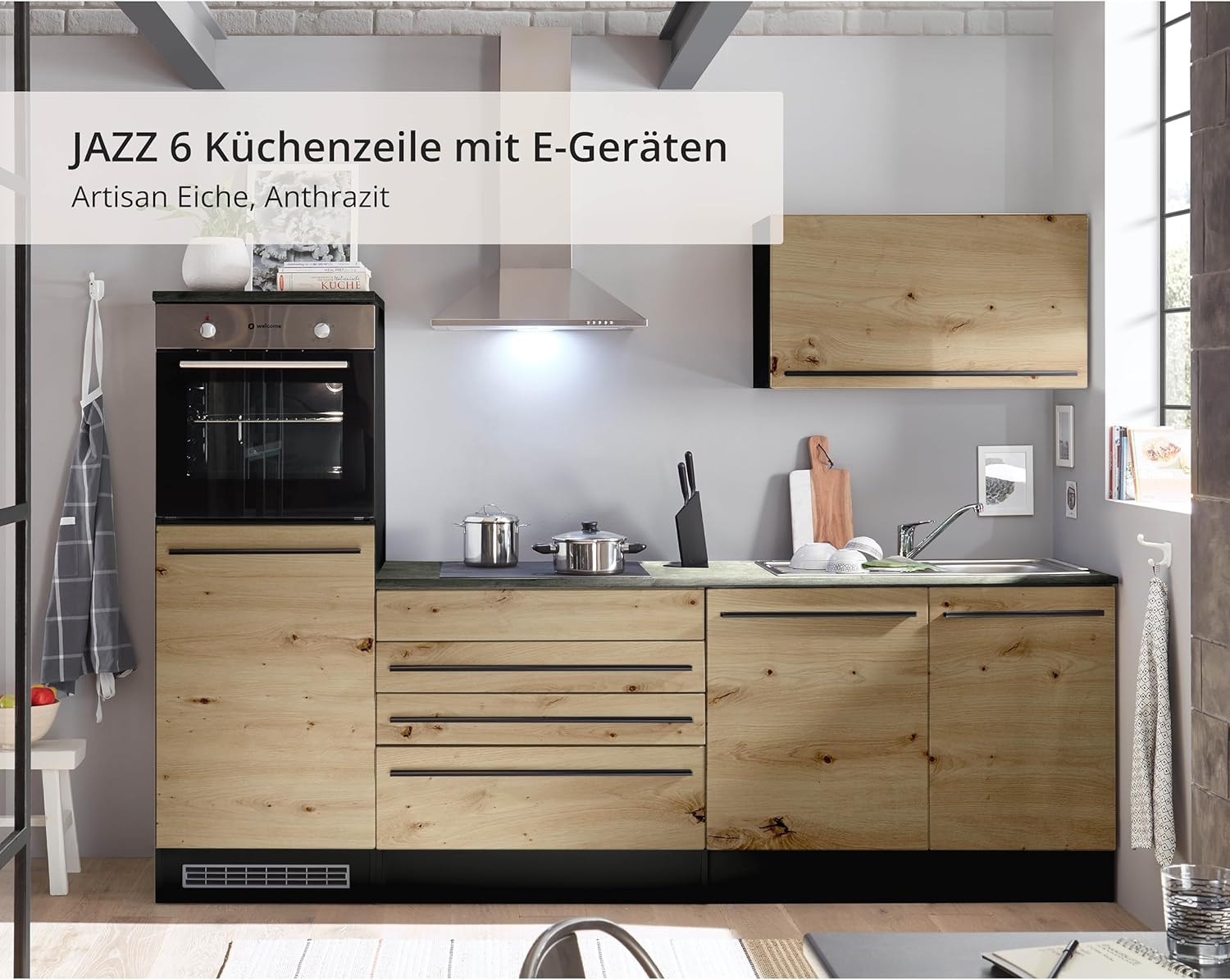 Jazz 6 Modern Kitchen Unit with Electrical Appliances in Anthracite, Artisan Oak Look, Spacious Fitted Kitchen with Lots of Storage Space, 260 x 200 x 60 cm (W x H x D)