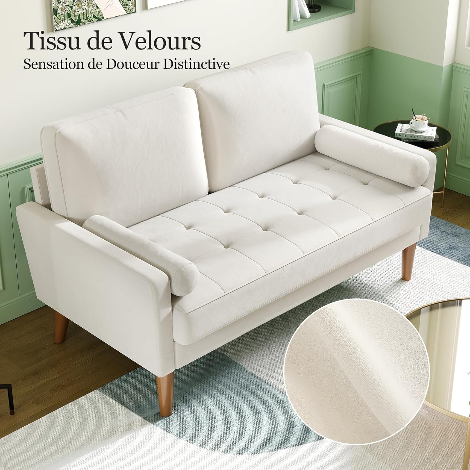 Vesgantti Small 2 Seater Sofa, 121cm Velvet Sofa with Spring Cushion, Mini Bedroom with Armrests, Modern Living Room Loveseat, Fixed 2 Seater Loveseat