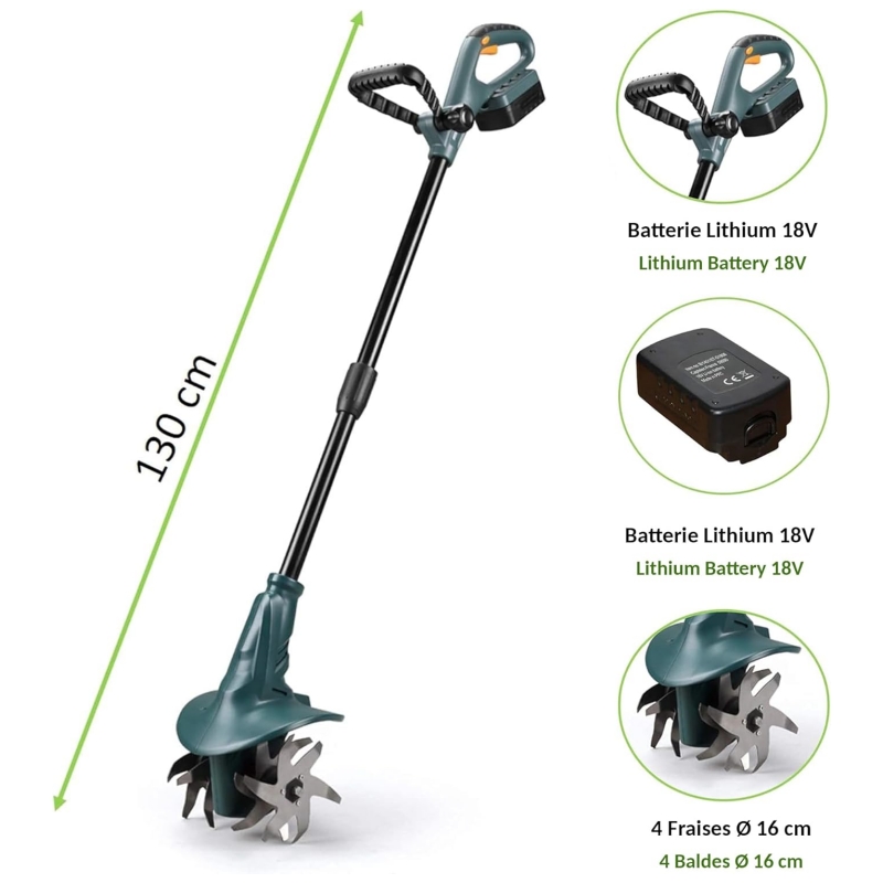 FISHTEC Wireless motor hoe with lithium battery 18 V, working width: 20 cm, working depth: 8 cm, 4 routers, ergonomic double handle, battery and charging station incl.