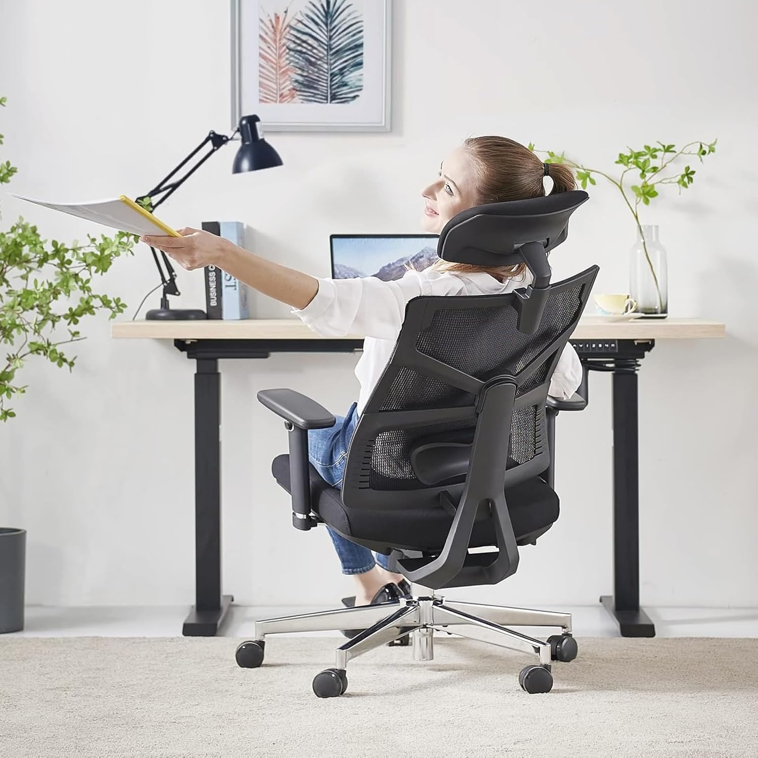 HOLLUDLE Ergonomic Office Chair with Adjustable Backrest, Computer Chair with 4D Armrests, Adjustable Seat Depth, Lumbar Support and 2D Headrest, Task Chair, White