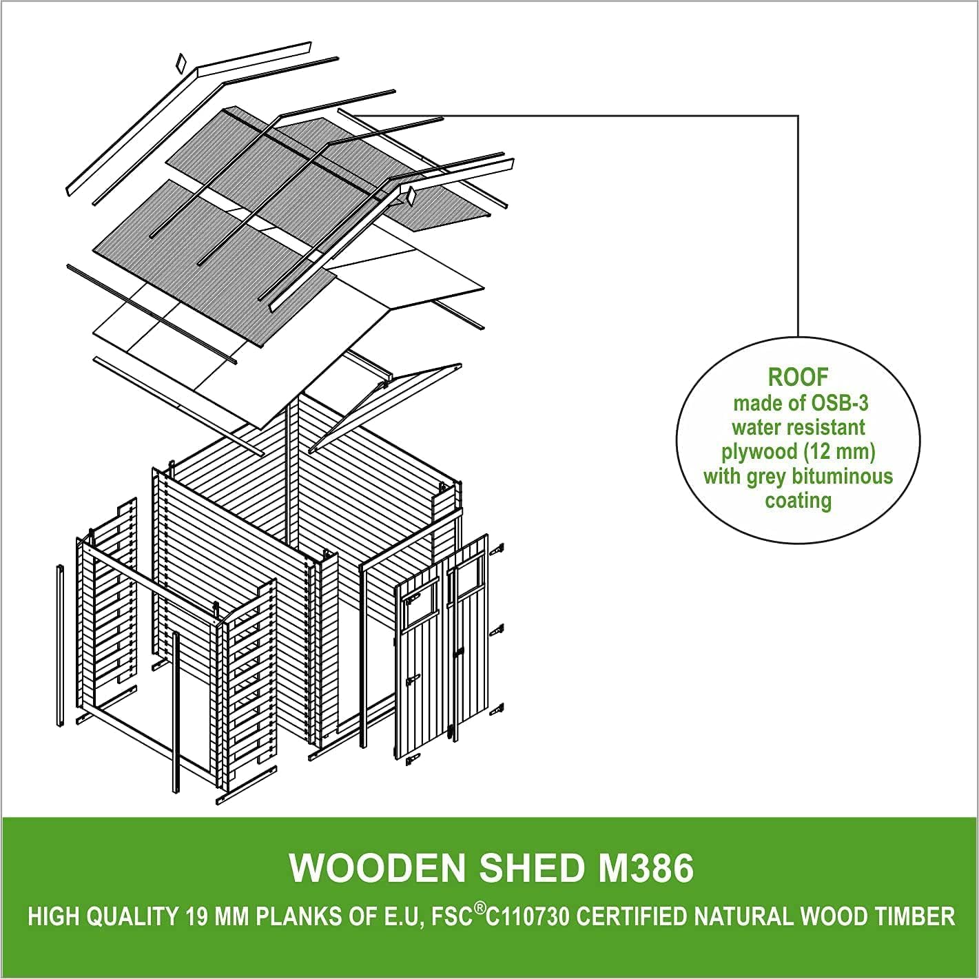 TIMBELA M386F Wooden Garden Shed with Firewood Shed, High-Quality Lockable Door, Garden Shed Wood, W 272 x L 206 x H 218 cm / 3.53 + 0.97 m2 Storage Shed for Garden - Waterproof Roof