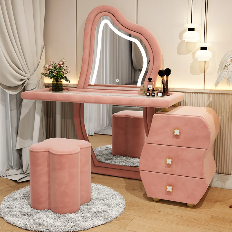 Flamingo Dressing Table with Lighted Mirror, Vanity Set with 3 Drawers and Cushioned Stool, Pink Modern Vanity Table Bedroom Furniture Dresser - Pink