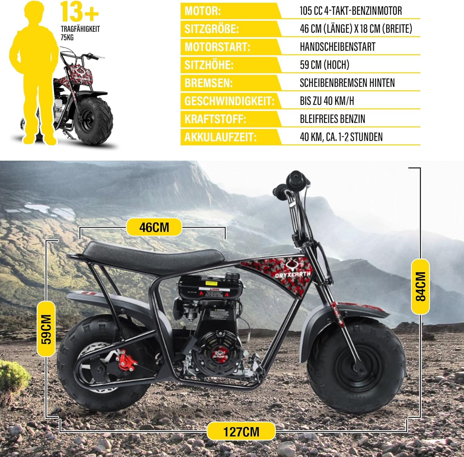 Dirt Bike 105CC 4-Takt benzinbetriebenes Off Road Kinder Pit Bike mit 4 Arten von DIY-Aufklebern, Automatikgetriebe und Seilzugstarter Pocket Bike ab 13 Jahren Teenager Erwachsener Geschenk (Rot)