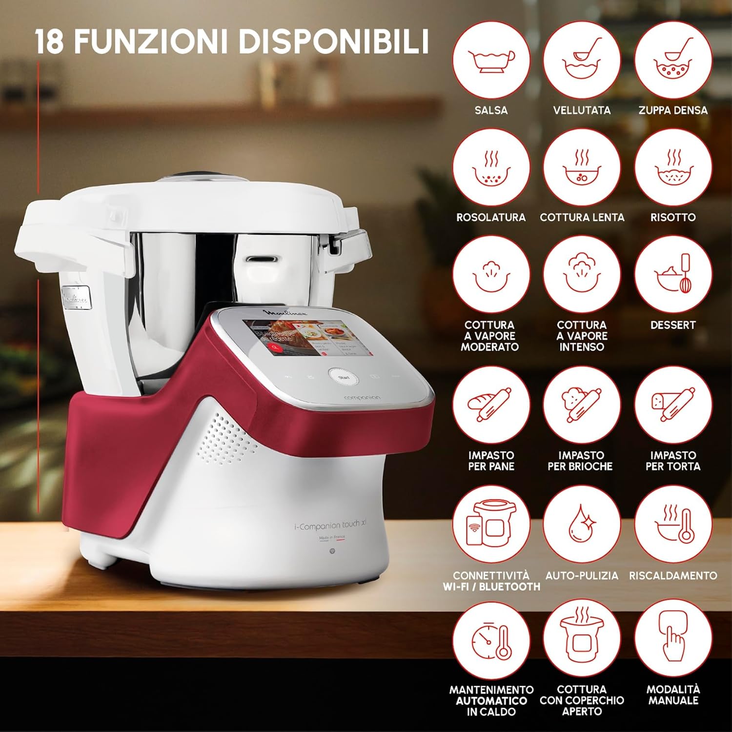 Moulinex Robot da Cucina Multifunzione I-Companion Touch, Potenza 1550 W, Capacità 4,5L, Temperatura da 30 a 150 °C, 14 Programmi Automatici e 5 Accessori Dedicati, HF9345