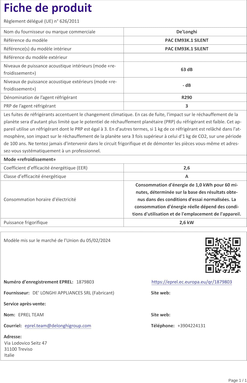 De'Longhi EM Series Pinguino Pac EM93K Silent, Aire Acondicionado Portátil Silencioso, 10.500 BTU/h, 90m3, 2.6 kW, 3 Velocidades, Gas R290, 1105 W, 90 Cubic_Feet, 63 Decibeles, White [Clase de eficiencia energética A]