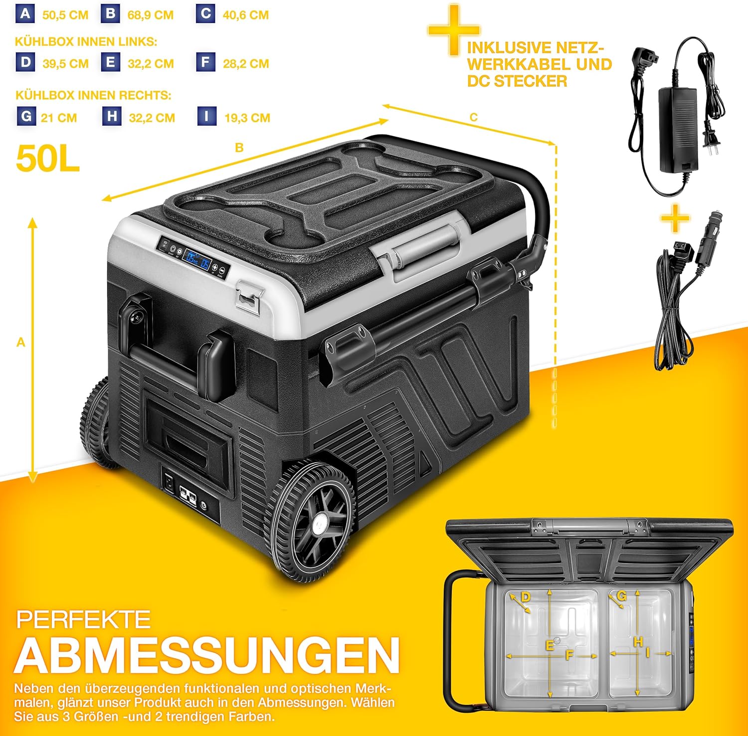 tillvex® Kompressor Kühlbox elektrisch 40-60 Liter | Elektrische Gefrierbox WIFI-APP-Steuerung 12/24 V 230V | Kühlschrank bis -20 °C für Auto, Lkw, Camping (Schwarz, 50 Liter - mit Akku) [Energieklasse B]