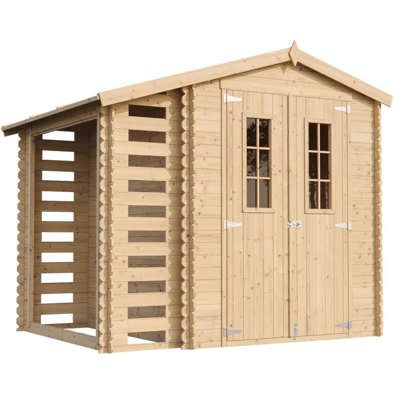 TIMBELA M386F Wooden Garden Shed with Firewood Shed, High-Quality Lockable Door, Garden Shed Wood, W 272 x L 206 x H 218 cm / 3.53 + 0.97 m2 Storage Shed for Garden - Waterproof Roof