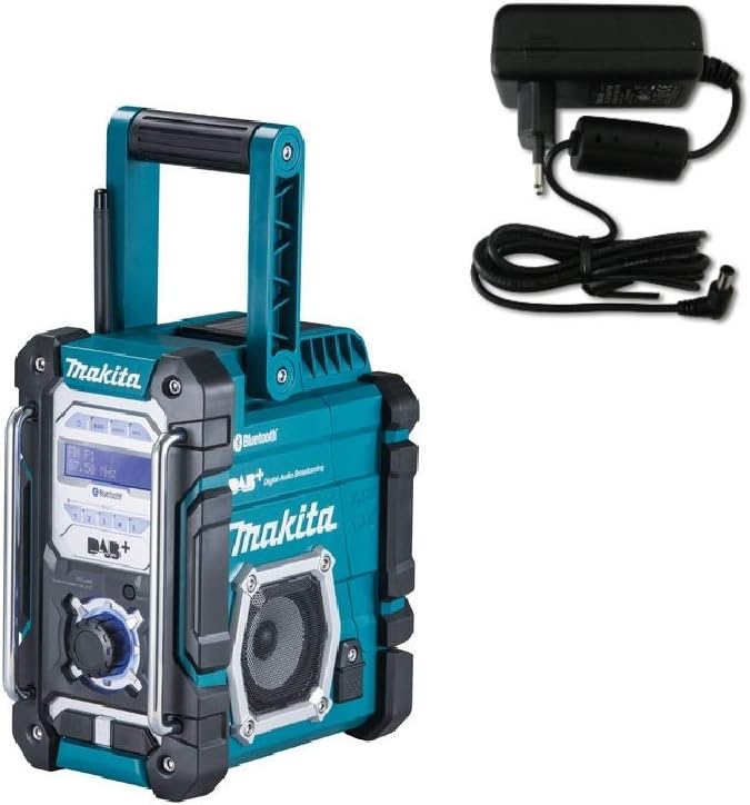 Makita DHP482RFX9 Akku-Schlagbohrschrauber 18V / 3,0 Ah, 2 Akkus + Ladegerät im Alukoffer + 96-tlg. Zubehör-Set & DMR112 Akku-Baustellenradio 7,2 V - 18 V mit DAB+ und Bluetooth, türkis